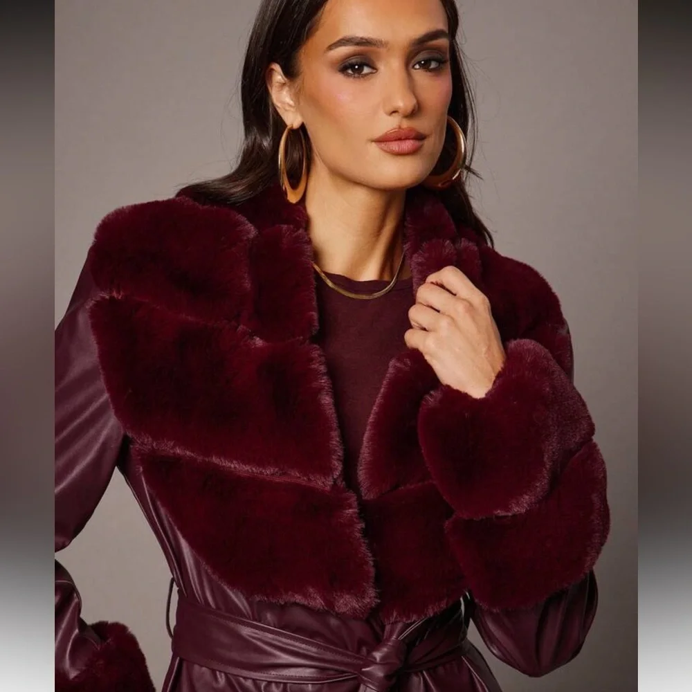 BELT ONLY 🔥 Faux fur collar cuffs vegan leather trench coat burgundy maroon - Picture 8 of 9